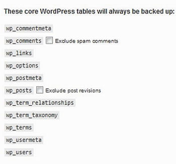 dans le back-office de wordpress, database backup montre les données qui seront