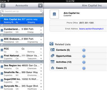 ecran de gestion des comptes clients de sugar mobile plus