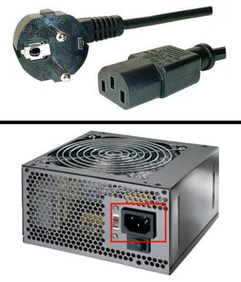 câble d'alimentation et branchement sur un bloc d'alimentation.