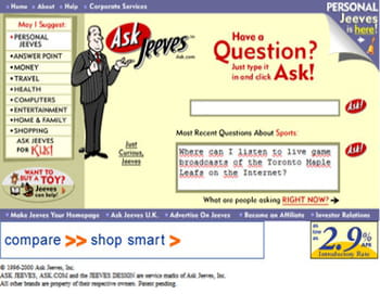la page d'accueil d'ask.com en 2000