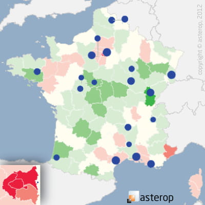 les cercles bleus représentent les 20 premiers pôles commerciaux du secteur. la
