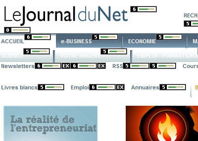 les liens et leur niveau de pagerank sur la page d'accueil de journal du net.