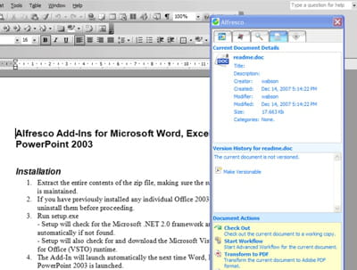 la solution d'ecm d'alfresco est intégrée à microsoft office et open office. ce