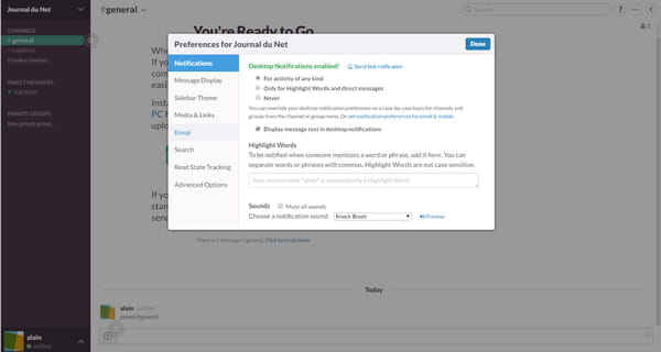 le desktop slack intègre un système de notifications permettant d'être alerté de