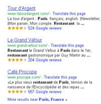 les trois premiers résultats apparaissant pour la requête 'restaurant' tapée à