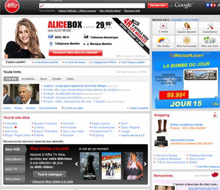 la page d'accueil d'alice
