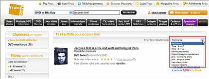 sur fnac.com, les résultats peuvent être retriés par titre, meilleures ventes,