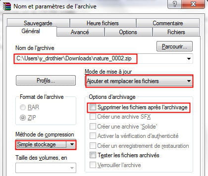 copie d'écran de l'option ajout de fichiers sous winrar.